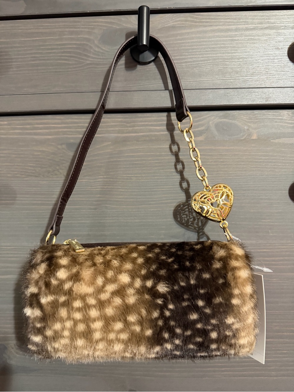 Betsey Johnson Brown Faux Fur Clutch with Gold Heart Charm